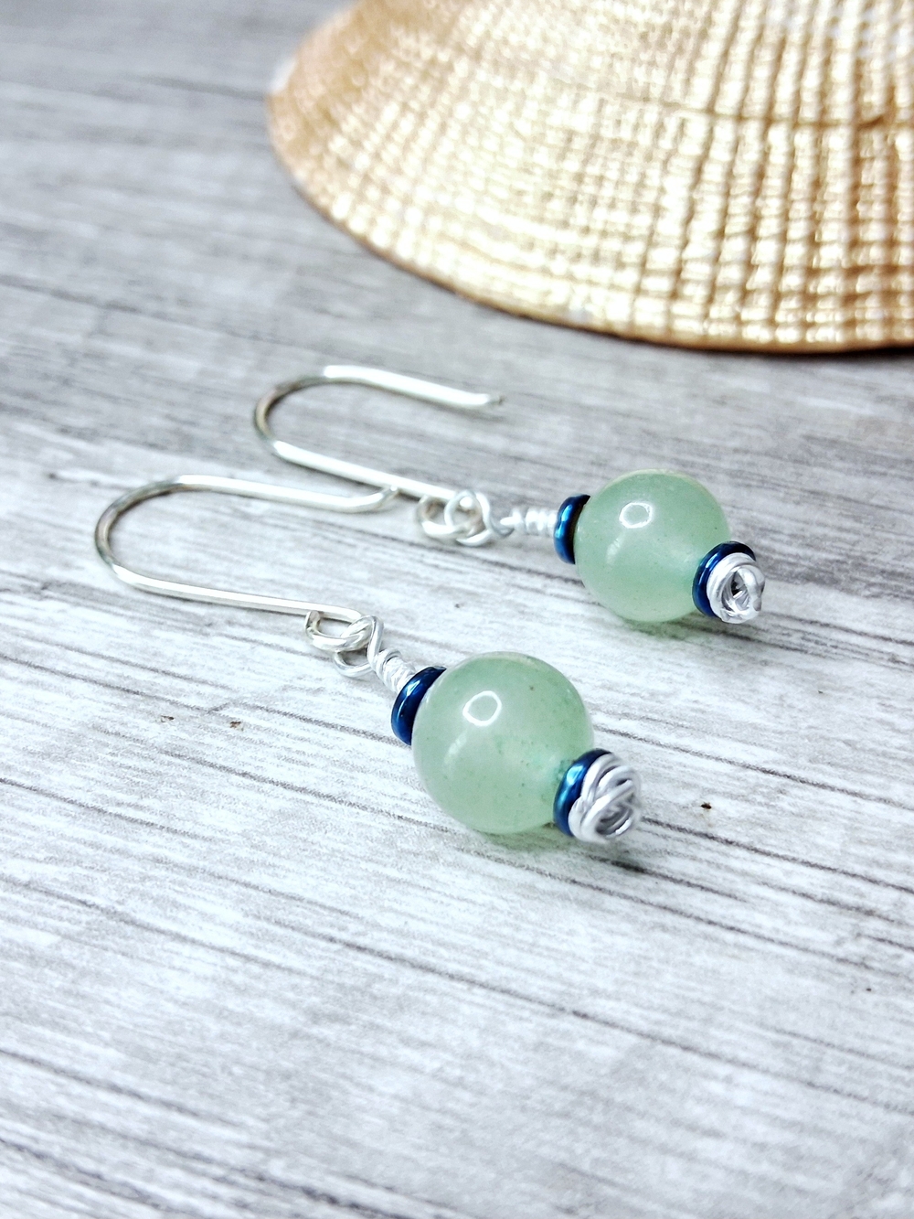 Dainty Green Aventurine Bead Drop Earrings with Silver Hooks